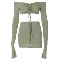 Polyester Slim Two-Piece Dress Set backless & two piece & off shoulder patchwork Solid Set