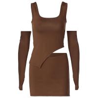 Polyester Slim Two-Piece Dress Set deep V & side slit & backless & two piece patchwork Solid Set