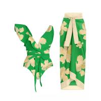 Polyester scallop One-piece Swimsuit backless  printed green PC
