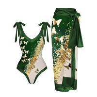 Polyester One-piece Swimsuit deep V  printed butterfly pattern green PC