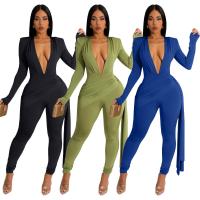 Polyester Long Jumpsuit flexible & deep V & skinny Solid PC