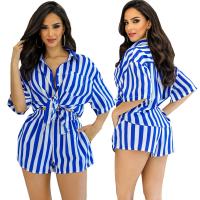Polyester Women Casual Set & two piece short pants & top printed striped blue Set