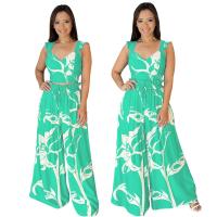 Polyester Wide Leg Trousers & Crop Top Women Casual Set flexible & two piece Long Trousers & tank top printed Plant green Set