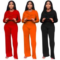Polyester Women Casual Set flexible & two piece Long Trousers & top Solid Set