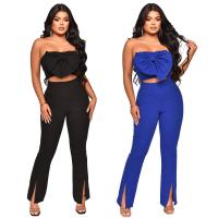 Polyester front slit Women Casual Set with bowknot & flexible & two piece Long Trousers & tank top patchwork Solid Set