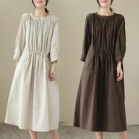 Polyester & Cotton Waist-controlled One-piece Dress mid-long style & loose Solid PC
