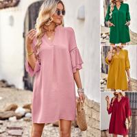 Polyester One-piece Dress deep V & loose patchwork Solid PC