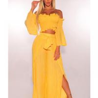 Polyester Women Casual Set & two piece & off shoulder Long Trousers & long sleeve blouses patchwork Solid yellow Set