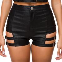 PU Leather Ripped Women Hot Pant & skinny Solid black PC