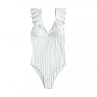 Polyester scallop One-piece Swimsuit backless printed striped white PC