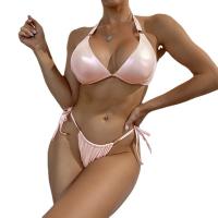 Polyester Bikini backless & two piece & padded plain dyed Solid pink Set