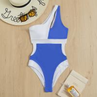 Polyester Bikini & two piece & hollow & padded & One Shoulder printed patchwork blue and white Set