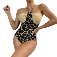 Polyester One-piece Swimsuit backless & padded printed geometric black PC
