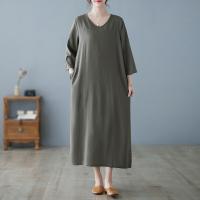 Cotton long style One-piece Dress & loose Solid army green PC