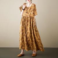 Cotton long style & A-line One-piece Dress printed floral yellow PC