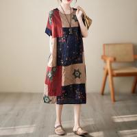 Cotton One-piece Dress mid-long style printed floral blue PC