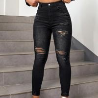 Cotton Ripped & Middle Waist Women Jeans black PC