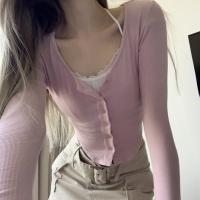 Cotton Slim Women Long Sleeve Blouses knitted Solid pink PC