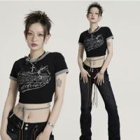 Algodón Mujeres Camisetas de manga corta, impreso, negro, :,  trozo