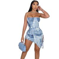 Venetian Tube Top Dress irregular & off shoulder printed light blue PC