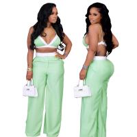 Polyester Women Casual Set & two piece & loose & with pocket Wide Leg Trousers & bra patchwork Solid Set