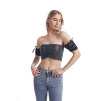 Polyester Slim Tube Top midriff-baring & backless & off shoulder patchwork Solid black PC