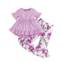 Cotton Slim Girl Clothes Set & two piece Pants & top printed floral purple Set