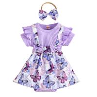 Cotton Slim Girl One-piece Dress headband & skirt printed butterfly pattern purple PC