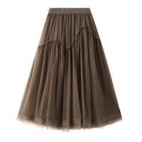 Polyester High Waist Skirt large hem design & mid-long style & slimming Solid : PC