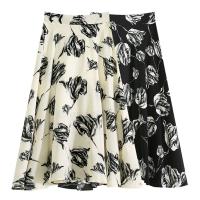 Polyester High Waist Skirt large hem design & mid-long style & slimming floral : PC