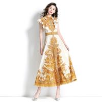 Polyester Slim & High Waist One-piece Dress printed floral yellow PC