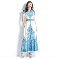 Polyester Slim & A-line & High Waist One-piece Dress printed shivering sky blue PC