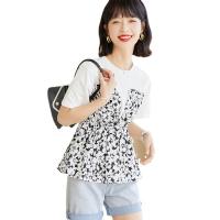 Polyester Vrouwen korte mouw T-shirts Afgedrukt Rillen wit en zwart stuk