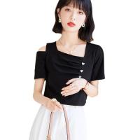 Polyester Women Short Sleeve T-Shirts slimming & off shoulder Solid black PC