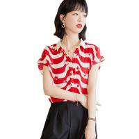 Chiffon Women Short Sleeve Shirt slimming & loose printed Cats red PC
