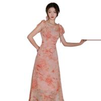Chiffon A-line & High Waist One-piece Dress slimming printed shivering red PC