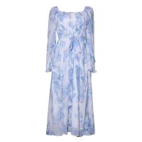 Polyester Waist-controlled One-piece Dress slimming & off shoulder printed shivering light blue PC