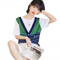 Polyester Women Short Sleeve T-Shirts & fake two piece printed geometric PC