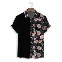 Poliéster Hombres de manga corta camisa casual, impreso, floral, negro,  trozo