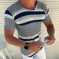 Polyester Slim Men Short Sleeve T-Shirt striped deep blue PC