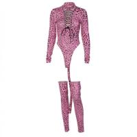 Polyester Slim Nightclub Set deep V & two piece & hollow teddy printed leopard pink Set