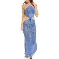 Polyester Swimming Cover Ups & two piece & hollow Solid blue Set