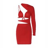Polyester Slim Sexy Package Hip Dresses deep V & backless & hollow patchwork Solid red PC