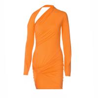 Polyester Slim & High Waist Sexy Package Hip Dresses & off shoulder & hollow patchwork Solid orange PC