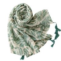 Voile Fabric Tassels Women Scarf can be use as shawl & sun protection & thermal Plain Weave leaf pattern green PC