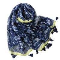 Polyester Tassels Women Scarf can be use as shawl & sun protection & thermal Plain Weave floral Navy Blue PC