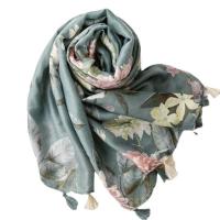 Polyester Tassels Women Scarf can be use as shawl & sun protection & thermal Plain Weave floral green PC