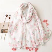 Voile Fabric Tassels Women Scarf can be use as shawl & sun protection & thermal Plain Weave floral white PC