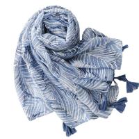 Voile Fabric Tassels Women Scarf can be use as shawl & sun protection & thermal Plain Weave leaf pattern blue PC