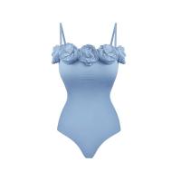 Polyester One-piece Swimsuit backless & off shoulder & skinny style floral blue PC
